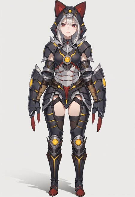 (score_9:0.9),score_8_up,score_7_up,rating_safe,anime style,(zPDXL),<lora:Almudron armor ponyXL v1:0.73>,solo,1girl,full body,white background,simple background,standing,looking at viewer,red eyes,black gloves,black cat hood,white hair,almudron armor,black thigh armor,full armor,black knee boots,bare arms,