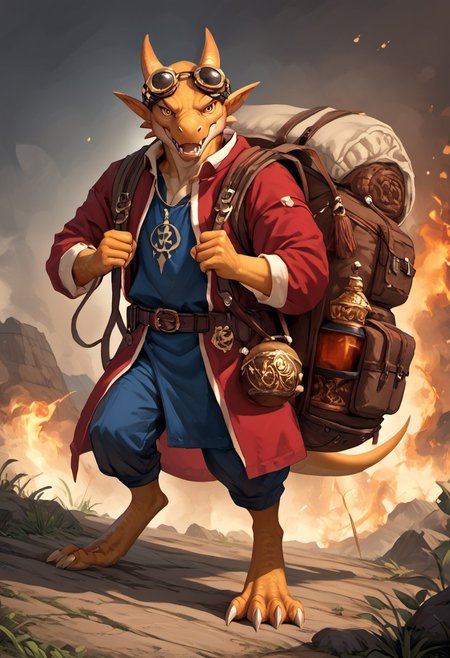 goblin, 1boy, golden skin, Kobold, furry dragon, slender body, small, adult,  tail, short stature, full body, score_9, score_8_up, score_7_up, fighting pose, looking at viewer, holding iron ball with burning fuse, , score_6_up, alchemist bomber, goggles on head, pathfinder portrait, potions, potion belt, red robes, golden ornaments, jewellry, junk on backpack, (((enormous backpack, silly huge backpack, gigantic backpack))),  rpg portrait, gop, oil painting \(medium\), texture, looking at viewer, tail