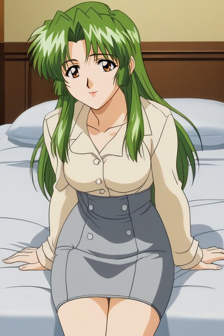 score_9, score_8_up, score_7_up, source_anime, rating_safe, intricate details, anime screencap, official style, 1girl, solo, sasamotoshizue, green hair, long hair, brown eyes, lips, medium breasts, light shirt, collarbone, buttons, long sleeves, grey skirt, pencil skirt, thighs, looking at viewer, smile, indoor, cowboy shot, closed mouth, sitting on bed, <lora:Sasamoto_Shizue:1>, retro eyes