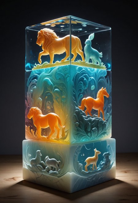 colorful translucent mable cube stack,carved with animals, lion,horse, rabbit,bird,squalo, glowing,Fantasy illustration style, transports viewers to imaginative worlds, epic landscape, and heroic adventures, sparks wonder and inspiration
