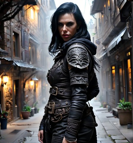 RAW photo, (masterpiece:1.3), subsurface scattering, heavy shadow, (high quality:1.4), (intricate, high detail:1.2), professional photography, HDR, High Dynamic Range, realistic, ultra realistic, photorealistic, high resolution, film photography, ambient lighting, atmospheric effects, <lora:detail_slider_v4:2>, OverallDetail, Piper, <lora:Piper:1>, as a thief and assassin, dark clothes, leather, armor, FaRo, <lora:FantasyRogues:0.8>,  in a ((dark)) alley at night,  <lora:zoom_slider_v1:-2.5>,  dynamic pose, epiCPhoto
