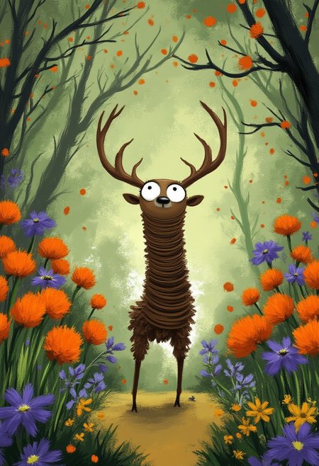 A whimsical illustration of a deer with accordion-like stretched neck in dark whimsical art style, bending like elastic, prancing among orange tulips and purple iris, digital painting with expressive brushstrokes showing pencil-thin legs, dreamy garden background, characteristic Tim Burton inspired design with giant innocent eyes