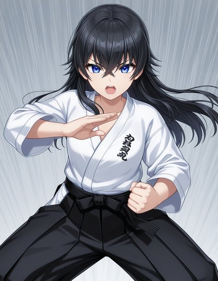1girl, solo, hagane otsuki, black hair, long hair, hair between eyes, blue eyes, open mouth, Otsuki_Dougi, dougi, long sleeves, black pants, hakama pants, fighting stance, standing, straight on, dynamic, light theme <lora:hagane_otsuki_ilxl_v1:0.7>