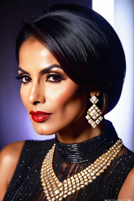 majmilfaa, a confident 42 year old woman from India, Extreme close-up portrait of a glamorous 42-year-old woman, face filling the frame, smoldering expression with seductive eye contact, full lips accentuated by deep red lipstick, bold glamorous makeup with dramatic eyeshadow and heavy eyeliner, smooth mature skin with subtle beauty marks and fine lines visible, stylish long bob haircut cut framing her face, dark black hair, elegant diamond earrings, soft diffused studio lighting highlighting cheekbones and contours, professional studio backdrop with smooth gradient tones, ultra-sharp detail in eyes and lips, high-end fashion photography, beauty editorial style, medium format camera, shallow depth of field with soft bokeh, rich color grading, cinematic portrait lighting