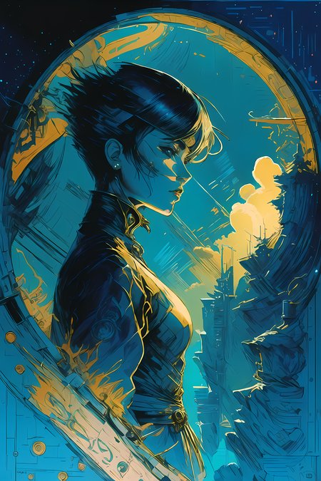 (best quality,masterpeace),anime poster /(composition)/,(colorful, dynamic pose), beautiful detailed eyes ,beautiful detailed face, looking at viewer,
girl ,intricate medieval clothing, blue hair, elegant short haircut , determined,  medieval street background,
,warm lighting,(dark theme:1.1),  extremely detailed CG unity 8k wallpaper, <lora:graphicNovelStyle_v1Bright:1>