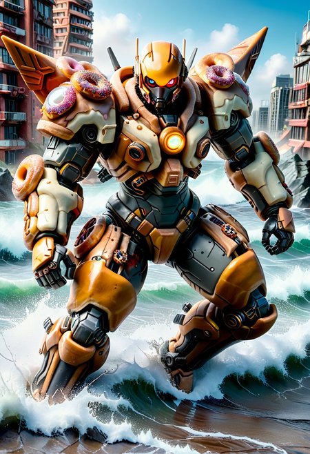 d0nu71f13d, made of doughnuts, Heavy Mech,  Cyborg, Robot, Power Armor, Tactical, Advanced Gear, Power Suit, Exoskeleton, Advanced Gear, Futuristic, action shot, easynegative, ninja mech running away from a massive tsunami wave of coffee, mech running through a city, surrounded my donut building, a tsunami wave towering in background, tsunami wave of coffee,