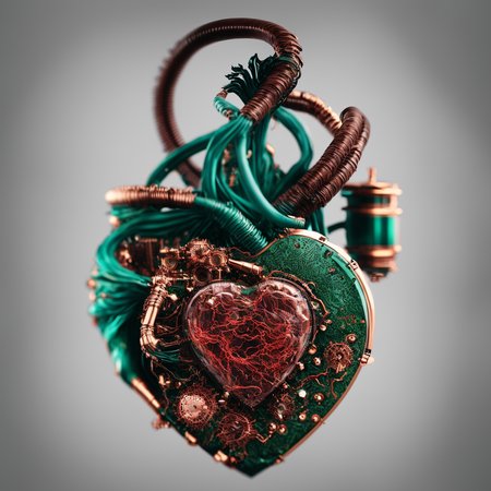 heartart,made out of microchips, circuit boards, transistors, cooling fans, glowing reactor,realistic heart anatomy model, photohelper, render,  cgi, 3d, extremely detailed,copper wire veins, colored backdrop, chempunk