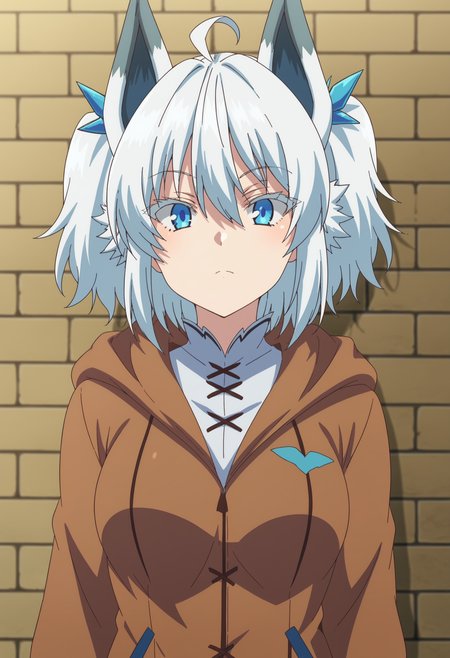 EBSetsuna, 1girl, solo, looking at viewer, blue eyes, hair ornament, animal ears, hair between eyes, jacket, upper body, ahoge, white hair, hood, fox ears, brick wall, anime coloring, medium breasts, thick thighs, brown jacket, 
 <lora:Setsuna:1> <lora:xl_more_art-full_v1:0.8>