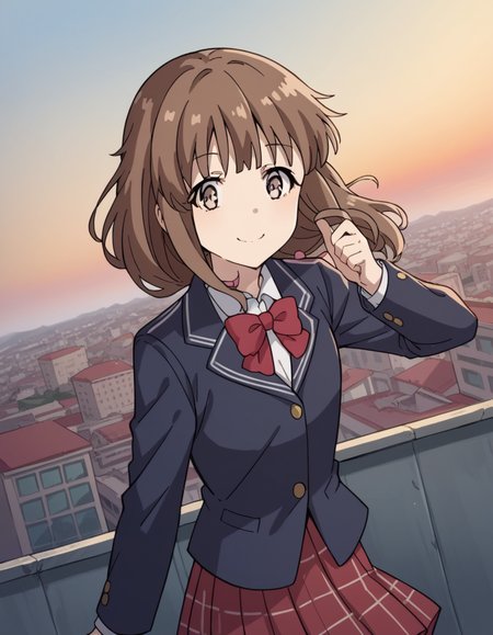 score_9, score_8_up, score_7_up, source_anime, <lora:kaede-azusagawa-s1-ponyxl-lora-nochekaiser:1>, kaede azusagawa, long hair, bangs, brown hair, brown eyes,, skirt, shirt, long sleeves, bow, school uniform, jacket, white shirt, pleated skirt, collared shirt, bowtie, red bow, black jacket, plaid, red skirt, plaid skirt, blazer, red bowtie,, rooftop, sunset, cityscape, quiet moment, wind blowing, contemplative, smile, looking at viewer, solo,, cowboy shot, dutch angle