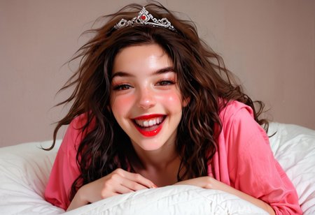 score_9, score_8_up, score_7_up,score_6_up, rating_safe, 1girl, ((solo)), ((focus on face)), lying on stomach, ((laugh)),
BREAK
flirty, horny, mischief, naughty, inviting,  blushing, 
GeGe, 1girl, brown hair, (((wavy hair))), makeup, lipstick, eyeliner.
petite girl, large breasts, flat tummy, thin hips, curvy legs, heart-shaped ass, eyeshadow, eyeliner, (red lipstick), jewelry, very long hair, transparent arabian clothes, pants, tiara, brunette, brown eyes,
cleavage, perky nipples,
sexy pose, cute pose, indoors, night time, arabian bedroom, harem,