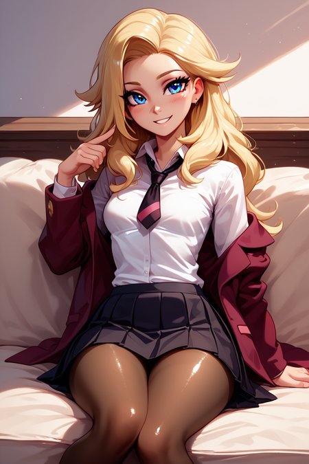 score_9, score_8_up, score_8, medium breasts, (curvy), cute, eyelashes,       ,,, , ,,, zzLss, blue eyes, blonde hair, long hair,  shirt, necktie, jacket, school uniform, white shirt, long sleeves, black necktie, collared shirt, blazer, black skirt, black pantyhose,  <lora:Lass_Pokemon_PDXL:0.8>,     ,,,, BREAK, ,,, smile, looking at viewer, blush, blurry, couch, sitting, ,,, shiny skin, <lora:ProAnime_PDXL_v1:0.7>, ,,, embedding:zPDXL, Expressiveh, <lora:SDXLFaeTastic2400:0.5>, <lora:Expressive_H-000001:0.4>,