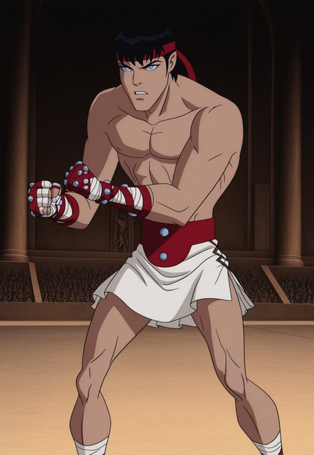 masterpiece, best quality, amazing quality, 1boy, dcaustyle, cestanim,  red headband, short black hair, bangs, blue eyes, cestus, bandaged hands, studded knuckles, red belt with three studs, plain white kilt, red sandals, slender frame, toned body, bandaged ankles, art deco ancient arena, arena background, retro artstyle, action pose