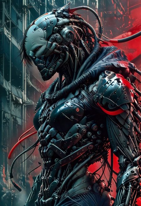 a neon red carbon girl soldier at night, edgy enough for a metal album cover, dynamic,  <lora:- iLL - the_edgy_mech_V2.0-step000013500:0.4>, <lora:- iLL - master_of_slob_omnom_V1.0-step00011500:.8>    <lora:noobai_vpred_1_blending_v1:0.8>  <lora:Far_Future_Sketch_Illustrious__Pony:0.8>cybervision.dinamic pose