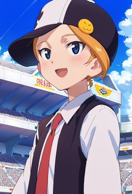 score_8, score_8_up, score_7_up, anime screenshot, source_anime, 1girl, female focus, solo,  hat, sky, necktie, blue eyes, cloud, day, stadium, badge, smile, vest, open mouth, red necktie, baseball cap, looking at viewer, blush, indoors, shop,
