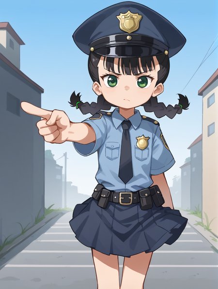<lora:Expressive_H:1> <lora:1StS_PonyXL_Detail_Slider_v1.4_iteration_3:1>
 <lora:1StS_age_slider_v1_initial_release2:-2>
 <lora:Orenji_v3:1> orenji,
1girl, solo, cute, green eyes, black hair, twin braids, police uniform, skirt, hat, looking at viewer, serious face, pointing at viewer,
