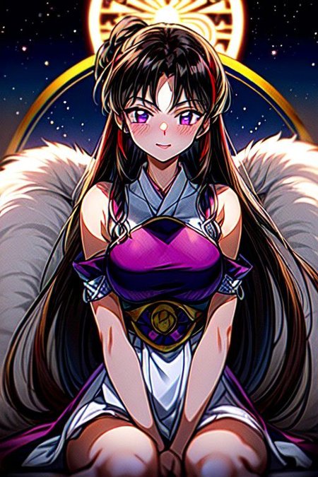 masterpiece,  best quality 1girl Setsun4 solo long hair,  (night time) forest background black hair very long hair purple eyes multicolored hair armor (fur trim) (medium body),<lora:EMS-179-EMS:0.800000>,<lora:EMS-293862-EMS:0.800000> bow, hair_bow, hair_tubes, red_bow, brown_hair, long_hair, bangs, ascot, frilled_bow, yellow_ascot, blush, smile, hair_between_eyes, athletic, armor, miko, ,(((intricate outfit,intricate clothes,embroidered outfit,ornate outfit,embroidered clothes,ornate clothes))), sitting