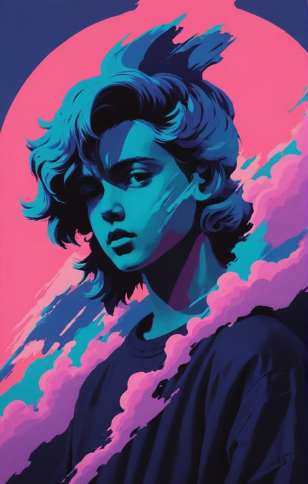 (art), 2d art, flat colors, 2d illustration [ face portrait of the silhouette of a brave warrior under a crimson moon : 1980s vaporwave paint smear : 2 ] <lora:xslxartv4:0.65>