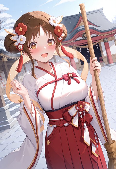 highres, best quality, masterpiece, outdoors, temple, new year, 
1girl, solo, pcrsuzume, brown hair, sidelocks, brown eyes, large breasts, hair bun, double bun,
szmeny, hair flower, hair ornament, white kimono, wide sleeves, red hakama, hakama skirt, hagoromo, bow, 
looking at viewer, blush, smile, open mouth, 
standing, hands up, holding broom,
<lora:_suzume_pcr-elesico-ilxl:1>