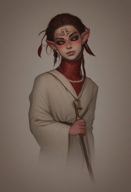 solo, bosmer, feminine, strong yet graceful, regal yet wild, bone-carved crown, elongated pointed ears, asymmetrical ear shape, snake pupils, dark bronze sclera, medieval setting, tribal leader, layered ceremonial robes, embroidered animal hides, intricate bone jewelry, deep tribal markings, eyes filled with wisdom, long wild braids wrapped in sinew, standing at a wooden throne, high wooden walls adorned with glowing runes, flickering firelight illuminating her face, tribal banners swaying in the wind, hyperrealistic details, cinematic storytelling