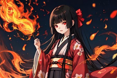 enma_ai, girl1, bangs, black hair, long hair, kimono sakura, fire, village japanese, night