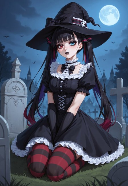 score_9, score_8_up, score_7_up, score_6_up, score_5_up, score_4_up , 1girl, pale skin, dark hair, heterochromia, long twintails, gothic twintails, hair bows, multiple hair bows, very long hair, gradient hair, multicolored hair, streaked hair, masterpiece, best quality, absurdres, 
(gothic theme, lolitafashion:1.2), gothic lolitafashion, gothiclolita, gothic lolitadress, victorian dress, gothic, dark, moody, puffy dress, petticoat, puffy sleeves, dark colors, frilled skirt, gothic thighhighs, striped thighhighs, gothic dress, elbow gloves, gothic headdress, many bows, multiple bows, frills, frilled fabric, center frills, gothic lolitashoes, witch hat,
black lipstick, black lips, long eyelashes, eyeshadow, eyeliner, mascara, blush, gothic makeup,  
outdoors, nature, graveyard, tombstone,s night, dark environment, fog, 
solo, sitting, kneeling, on grass, full body, dynamic pose, dutch angle, looking at viewer, v arms, hands on lap, half-closed eyes, closed mouth, expressionless,
intricate, highly detailed, majestic, shallow depth of field, movie still, circular polarizer