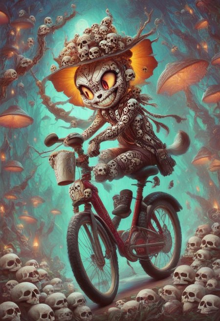 score_9, score_8_up, score_7_up, score_6_up, score_5_up, score_4_up,  A playful, anthropomorphic coffee cup  made with skulls with big eyes and a grin, riding a bicycle