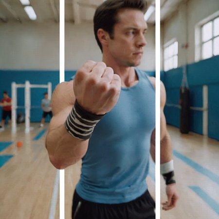 <lora:sdxl_fake3d_v2-000015:0.8>,fake3d,A man extends his fist forward and part of his fist covers the markings,2_white_markings,in a gym,male focus, 1boy, solo,clenched hand,