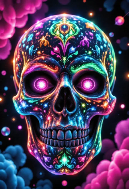 Unveil the mesmerizing beauty of a vibrant sugar skull, bathed in an aura of neon colors that seem to pulse with life. Get up close and personal with this stunning skull, where intricate details are hidden beneath a riot of bold, neon hues. Pink, blue, and green swirl together in a kaleidoscope effect, as if the very fabric of reality has been woven into a tapestry of color. The eye sockets, once empty, now glow with spirals of rainbow-colored lights that seem to defy gravity. Inspired by the bold, graphic style of street art and graffiti, this piece embodies a sense of vibrant, neon-infused energy. Utilize sharp lines, bright colors, and striking contrasts to bring this sugar skull to life. Visualize this image in a high-contrast, black-and-white style with pops of bright color to emphasize the kaleidoscope effect.Balance the composition by focusing on the sugar skull, allowing its intricate details and neon hues to take center stage. Use bold lines and sharp angles to create a sense of depth and dimensionality, as if the viewer is peering into the very soul of this vibrant skull. Infuse the atmosphere with a sense of wonder, curiosity, and enchantment, inviting the viewer to step into this kaleidoscope world and experience the mesmerizing beauty of this sugar skull.    <lora:aidmaFLUXpro1.1-FLUX-V0.1> <lora:FluxGhost-000001>