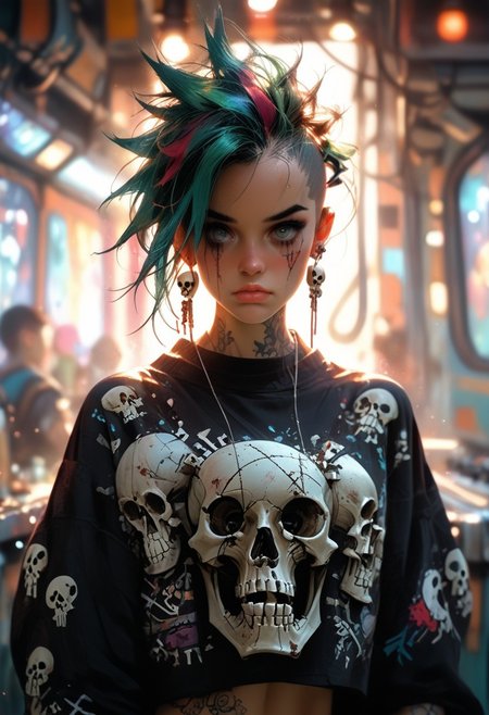 Score_9, score_8_up, score_7_up, score_6_up, a single misplaced and shot with an eos-1d x mark iii, awe-  dark blues and blacks,  girl swirling magical fairytale abstract artstation style, Skull tattoos, Full skull arm tattoos,  atompunk, raypunk, 1900s , epiCPhoto,  square spaceship , digital artwork by Beksinski, vibrant colors, epiCPhoto,  wander through the dust  panoramic,  from a 1950's science fiction movie, full shot, dramatic mood, serene atmosphere, cinematic lighting,