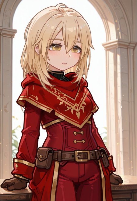 masterpiece ,best quality, amazing quality, Krista88t, Krista88tGacha, gacha, 1girl, blond hair, yellow eyes, freckles, red suit with gold trim, brown gloves