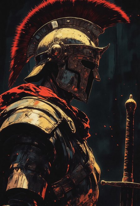 A Roman soldier is depicted in profile, wearing traditional armor, including a crested helmet. The dark and moody background adds a dramatic tone, with subtle lighting highlighting the metallic surfaces of the soldier's armor. Holds a sword,
