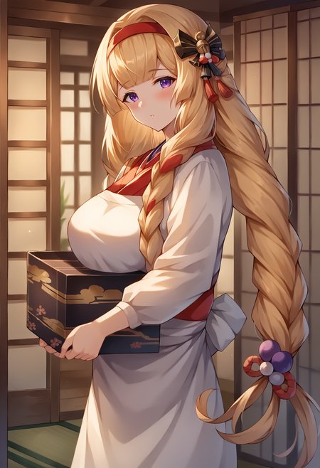 score_9, score_7_up, hd, (ultra hd quality details), source_anime, indoors,
solo, 1girl, gbfathena, very long hair, purple eyes, twin braids, large breasts,
athny, red hairband, hair ornament, white apron, kimono, long sleeves, 
looking at viewer, blush,
from side, carrying, box,
<lora:_athena_gbf-elesico-ponyE:1>
