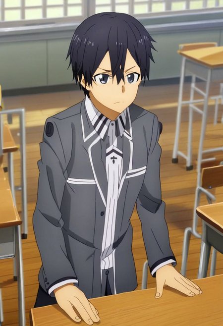 high resolution, professional photography, solo, best quality, 1Boy, Kazuto Kirigaya, Black Hair, Black Eyes, classroom, school, school uniform, OverallDetail