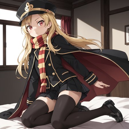 indoors, <lora:chiaki.pony:1> chiaki, 1girl, solo, long hair, blonde hair, red eyed, scarf, striped scarf, shako cap, black headwear, cape, black cape, black coat, flat chest, skirt, pleated skirt, black skirt, black thigh-highs, black loafers,