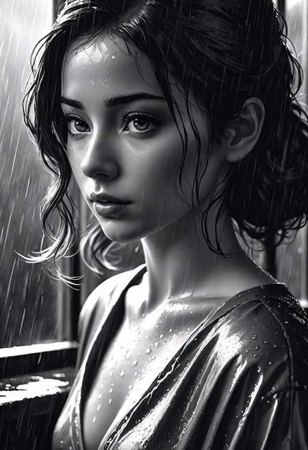 Close-up, portrait, oil paint, black and white photo of a woman in the rain, black and white photo, by Zlatyu Boyadzhiev, art photography, 8k sensual lighting, ultra-realistic digital painting, shy, very wet
style Jamie Wyeth, James Gillard, Edward Hopper, Greg Rutkowski Studio Ghibli Genshin Impact