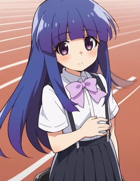 score_9, score_8_up, score_7_up, source_anime, <lora:rika-furude-s4-ponyxl-lora-nochekaiser:1>, rika furude, long hair, bangs, blue hair, purple eyes, blunt bangs, purple hair,, skirt, shirt, bow, school uniform, white shirt, short sleeves, pleated skirt, bowtie, black skirt, suspenders, pink bow, suspender skirt,, roller coaster, tracks, speed, fun, thrill, , hand on stomach, blush,, looking at viewer, solo,, dutch angle, cowboy shot