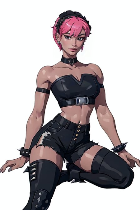 masterpiece,best quality,face detail,extreme detail,8k,white background,<lora:minapark:0.7>,minapark,1girl,solo,breasts,looking at viewer,short hair,simple background,thighhighs,bare shoulders,jewelry,pink hair,hairband,earrings,boots,shorts,choker,midriff,black thighhighs,bracelet,crop top,strapless,makeup,black shorts,piercing,spikes,spiked bracelet,