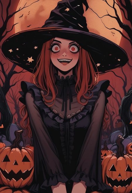 score_9, score_8_up, score_7_up, score_6_up, hllwn, halloween, vintage, source_anime, masterpiece, gloomy and sinister forest, giant red moon, giant pumpkins with evil luminous face, cute witch, red hair, red eyes, blushing, freckles, dark and orange two-tones sorceress dress, sorceress hat, halloween outfit, (two-tones stockings with frills:1.2), (crazy face:1.2), sadistic smile, focus on giant pumpkins