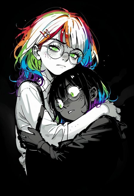 score_9, score_8_up, score_7_up, score_6_up, score_5_up,  th3d4rk, darkness, shadow, 1girl, monochrome, hug, safety, comfort, vulnerable 
BREAK 
Mycelia, ((rainbow colored hair:1.3)), candy hairclip, round glasses, green eyes, lidded eyes, freckles, petite, vivid color, looking lovingly at shadow