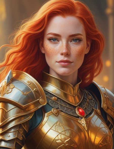 digital painting of a (fantasy art:1.2) of a regal female knight with red hair freckles and  large breasts wearing legendary golden crystal armor, smirking, amused, looking at viewer, arena in the background, vibrant picture, vivid colors,