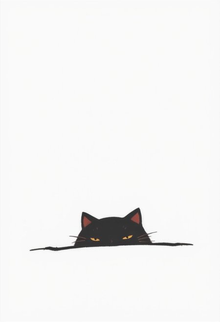 A cute black cat peeking out from the bottom of an empty white background, with simple lines, a flat illustration style, simple design, simple shapes, minimal details, a minimalist style, a minimalist cartoon character design, minimalist vector art, and a simple and minimalistic design. White background.