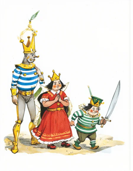 <lora:LV_NEW:1>This image is a hand-drawn illustration in a whimsical, cartoon style. It depicts three figures dressed as royalty, walking along a path. The figure on the left is a tall, slender man with a crown adorned with small, yellow jewels. He wears a blue and yellow striped outfit with a gold belt and matching shoes. The middle figure is a plump, rosy-cheeked woman with a large, round body. She wears a red dress with gold trim and a matching crown. Her hands are clasped in front of her. The third figure is a short, stout man with a green and white striped outfit and a white collar. He wears a green crown and carries a large, curved sword at his side. All three characters have exaggerated facial features and simple, stylized expressions. The background is plain, with no visible details, keeping the focus on the characters. The illustration uses a combination of watercolor and ink, with vibrant colors and a soft, textured finish. The overall mood is playful and whimsical, capturing a fantastical, medieval setting.
