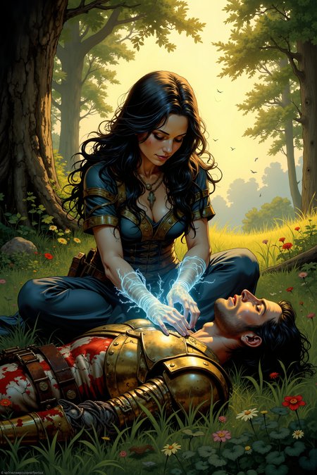 In a quiet, sun-dappled meadow, a sorceress with dark, flowing hair and alabaster skin sits beside a fallen warrior, her hands glowing with soft, azure light as she breathes life back into his broken form. The warrior, his golden armor cracked and bloodstained, lies limp in the grass, his once powerful frame now fragile and still. The sorceressâs eyes, deep pools of violet, are filled with a quiet, unspoken sorrow as she works, her fingers delicate as they weave healing magic through his veins. Around them, the meadow is silent save for the gentle rustling of leaves and the distant song of birds, as if the world holds its breath in anticipation. The warriorâs chest rises faintly, a soft gasp escaping his lips as the magic takes hold, and his eyes flutter open, clouded with confusion. The sorceress offers him a small, sad smile, her hands still hovering over his wounds, even as her own strength fades. The sunlight filters through the trees, casting long, golden rays across the scene, painting the moment with a sense of quiet grace. The act of mercy, though draining, is a gift freely given, a moment of peace and forgiveness in a world that so often forgets both.<lora:Dorota_Pietrowiak:0.3> Portrait by Dorota Pietrowiak <lora:Comic book V2:0.8> High-contrast illustration