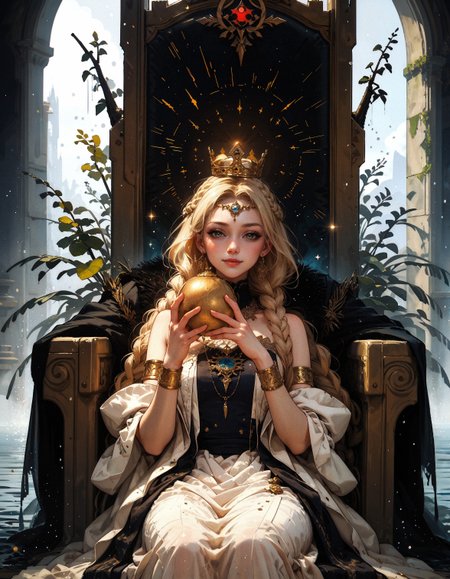 score_9, score_8_up, score_7_up, score_6_up, score_5_up, score_4_up,  1boy, miquella, blonde hair, holding golden crown, crown braid, multiple braids, yellow eyes, white robe, gold armlet, circlet, cute smile, sitting on a black throne, black stone, black throne, sunlight, wind, flying wheat, water sparkles