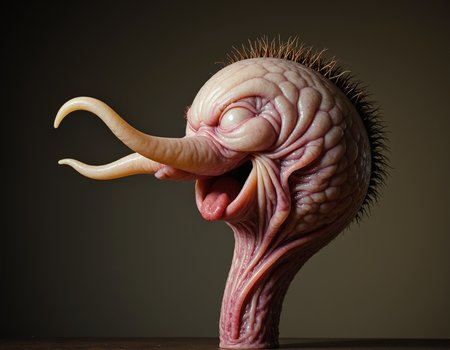 PeenKin, a surreal image where king dry rupturing vein hair sprout choking on swollen wilted glans tongue is Laughing in a 1600s aesthetic attic.