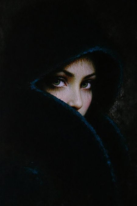 talo1 painting.
Close-up of a woman's face. The artwork is rendered in rich, dark, and moody tones, with a focus on texture and light. The woman's face is partially obscured by a dark, heavy coat or hat, which covers most of her face, leaving only her piercing green eyes and a small portion of her forehead visible. <lora:talo1_cap_d6a3e15:1.0><lora:828744795091419337:0>