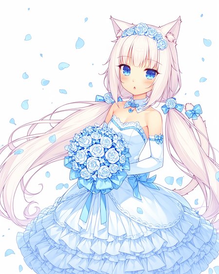 Best-A,sayori_\(neko_works\),,nekopara, Vanilla \(nekopara\), animal_ears, flower, dress, gloves, long_hair, 1girl, blue_eyes, tail, twintails, low_twintails, cat_ears, elbow_gloves, bouquet, cat_tail, white_gloves, strapless_dress, strapless, bare_shoulders, detached_collar, wedding_dress, white_dress, white_hair, pantyhose, cat_girl, very_long_hair
,score_9,score_8_up,score_7_up,source_anime,best_quality,masterpiece,perfect_body, <lora:tpn3-5.5-R-Sytle-400artist:0.75>