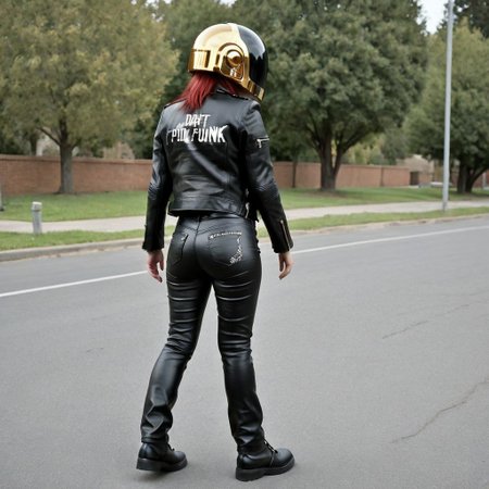 masterpiece, absurd res, best quality, newest, very aesthetic, 8k, from side, realistic, solo female, 1girl, daftpunk, gold helmet, full body, leather jacket, breasts, leather pants, (red hair), walking, outdoors, from behind, looking back, silver lettering, "daft punk",