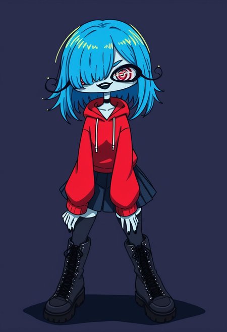 score_9, score_8_up, score_7_up, source anime,
masterpiece, best quality, detailed, amazing quality,
simple background, dark background,
detailed eyes, clean eyes, 
dynamic pose, 
solo, 1girl,
easynegative,
colored skin, blue skin, red eyes, blue sclera, long hair, blue hair, messy hair, ringed eyes, red hoodie, black skirt, pleated skirt, miniskirt, combat boots, platform boots, knee boots, black thighhighs, black choker, blue drawstrings, black lips, hair over one eye, evil smile, gesugao, medium hair, hair over shoulder, bangs, black nails, black footwear, black laces, hood down