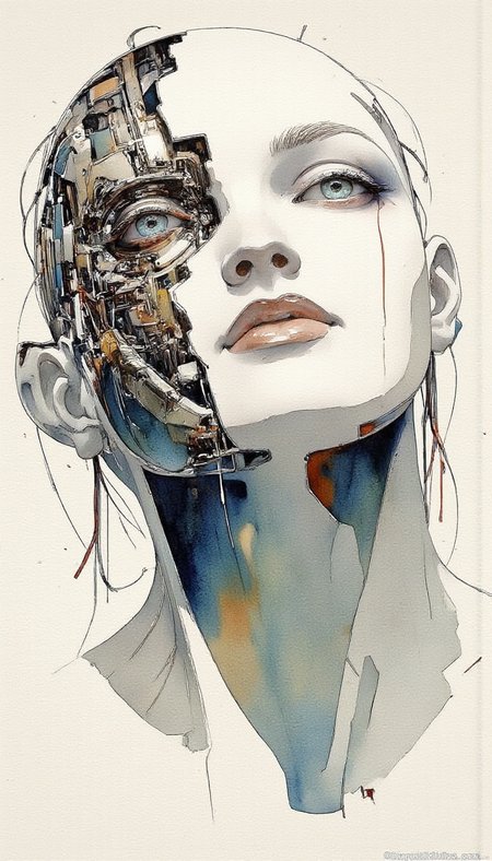 cyborgheadv1 a watercolor painting of a cyborg woman, her head tilted back and her eyes closed <lora:Watercolor_painting_v2:1.4> <lora:CPA:1> <lora:cyborgheadv1:1.1>